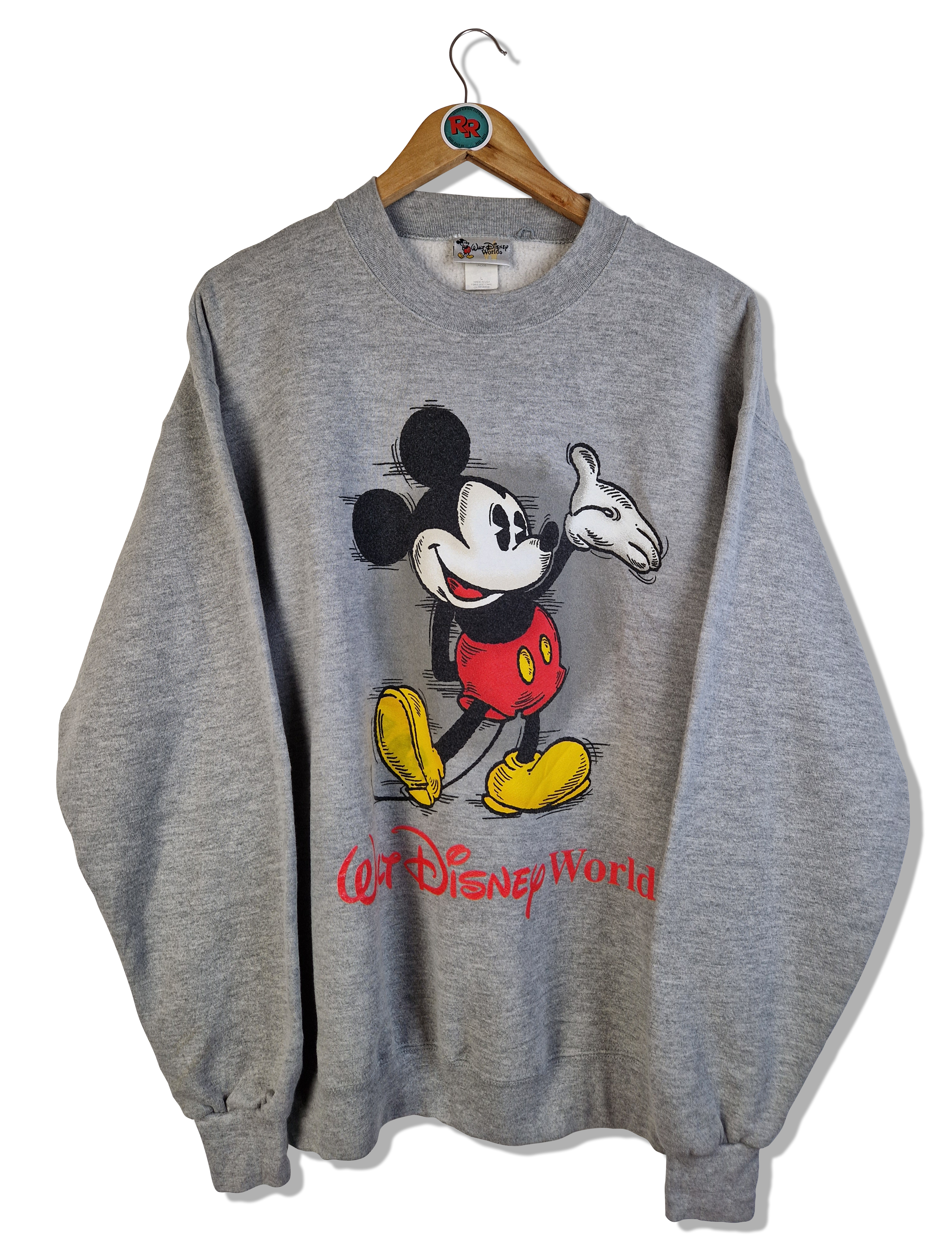 Vintage Disney World Sweater Mickey Maus Made In USA Heather Grau L