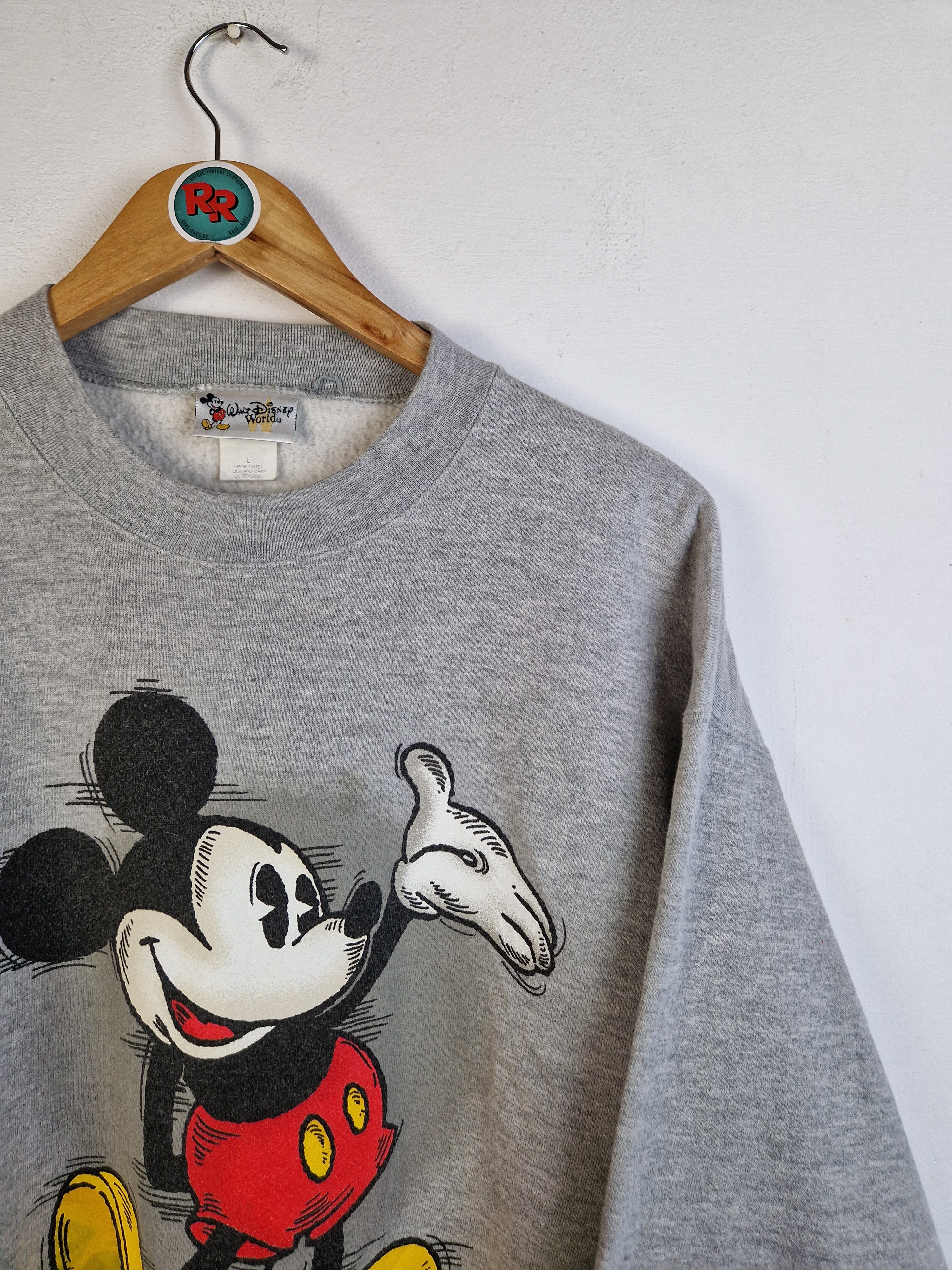 Vintage Disney World Sweater Mickey Maus Made In USA Heather Grau L