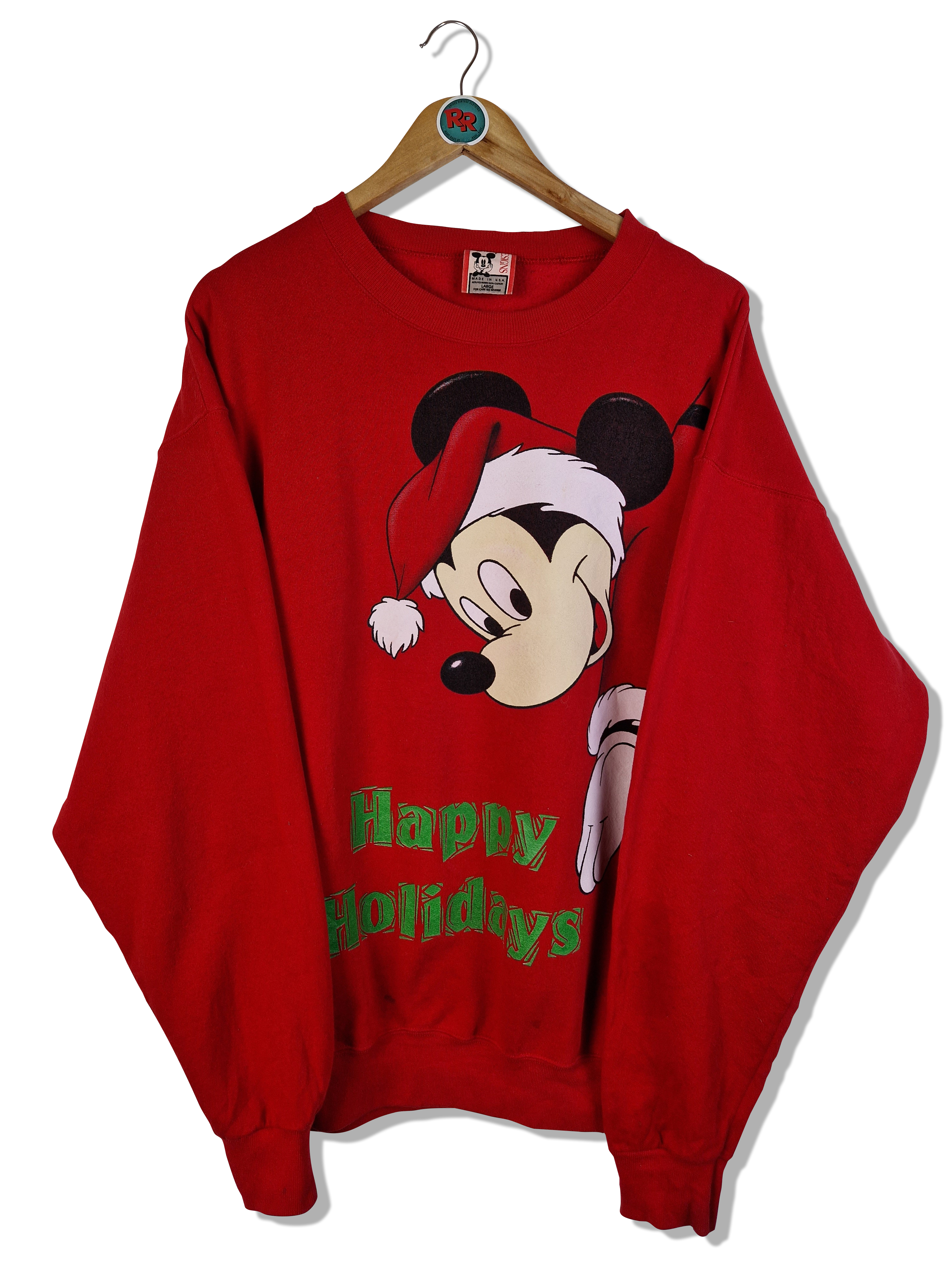 Vintage Disney Sweater Weihnachten Mickey Happy Holidays Made In USA Rot L
