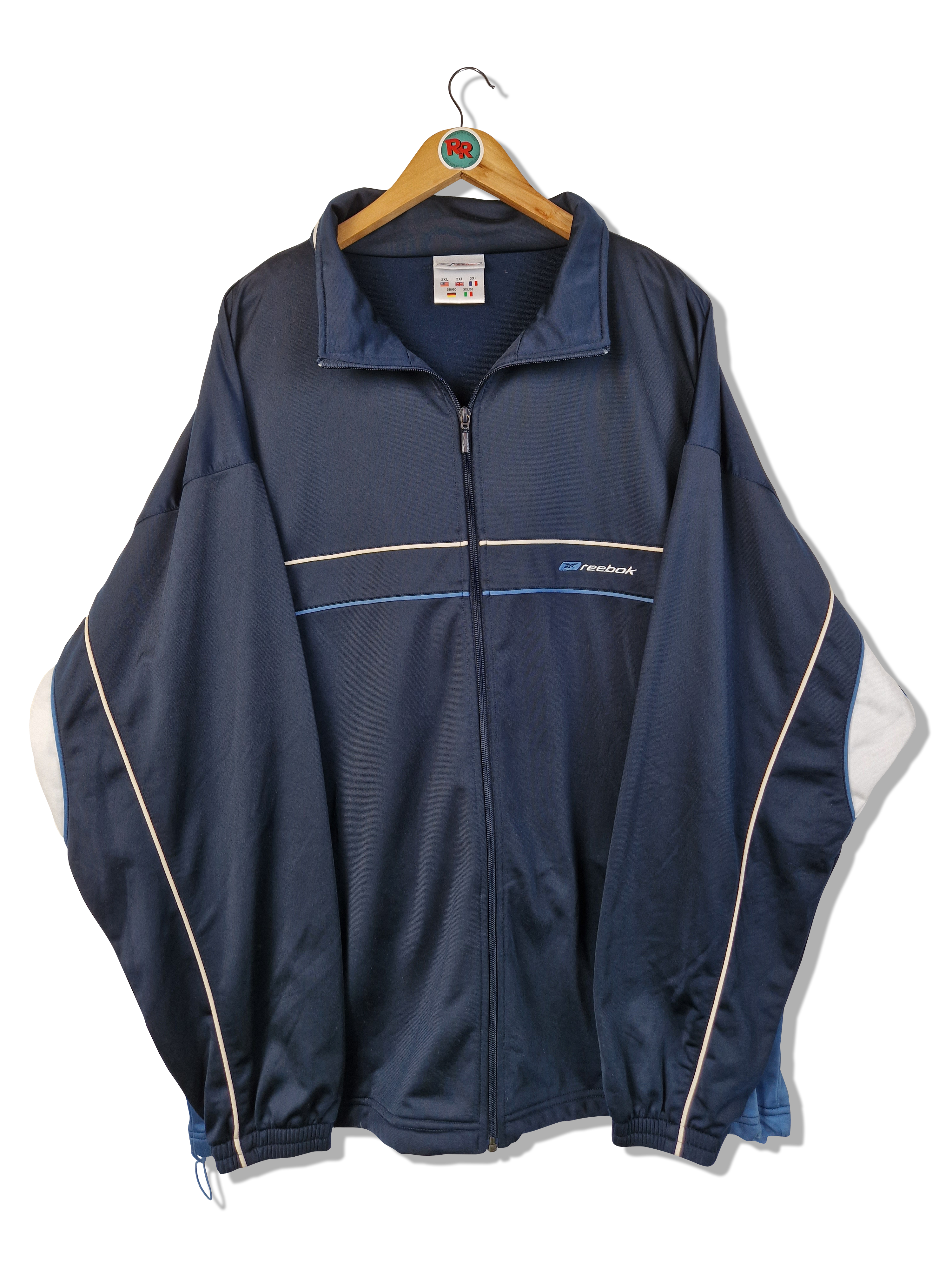 Vintage Reebok Sportjacke Gesticktes Spellout auf dem Rücken Dunkelblau Navy XXL