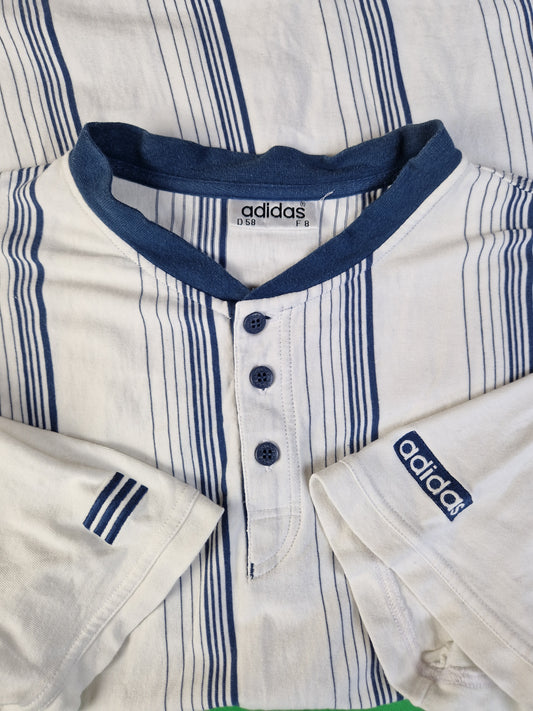 Vintage Adidas Shirt Mit Knopfreihe Gestreift Weiß Blau XL