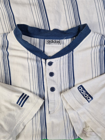 Vintage Adidas Shirt Mit Knopfreihe Gestreift Weiß Blau XL