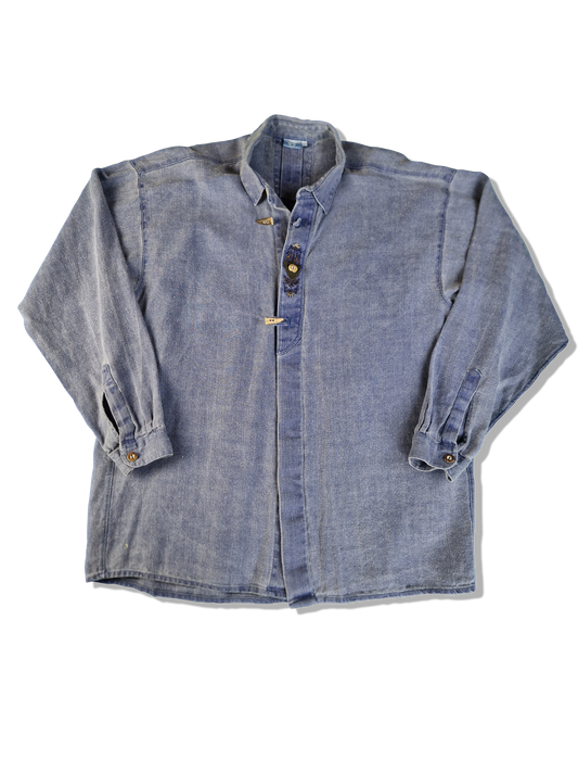 Vintage Landhaus Hemd Dicker Schwerer Baumwollstoff Jeansblau (42) L-XL