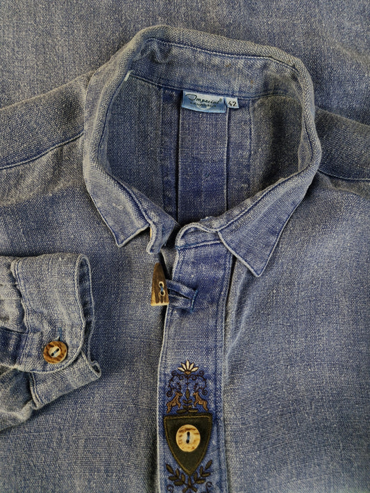 Vintage Landhaus Hemd Dicker Schwerer Baumwollstoff Jeansblau (42) L-XL