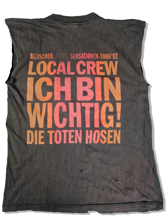 Rare! Vintage Tote Hosen Tanktop Cut Off Local Crew Menschen, Tiere, Sensationen-Tour'92 Trashed Schwarz XL