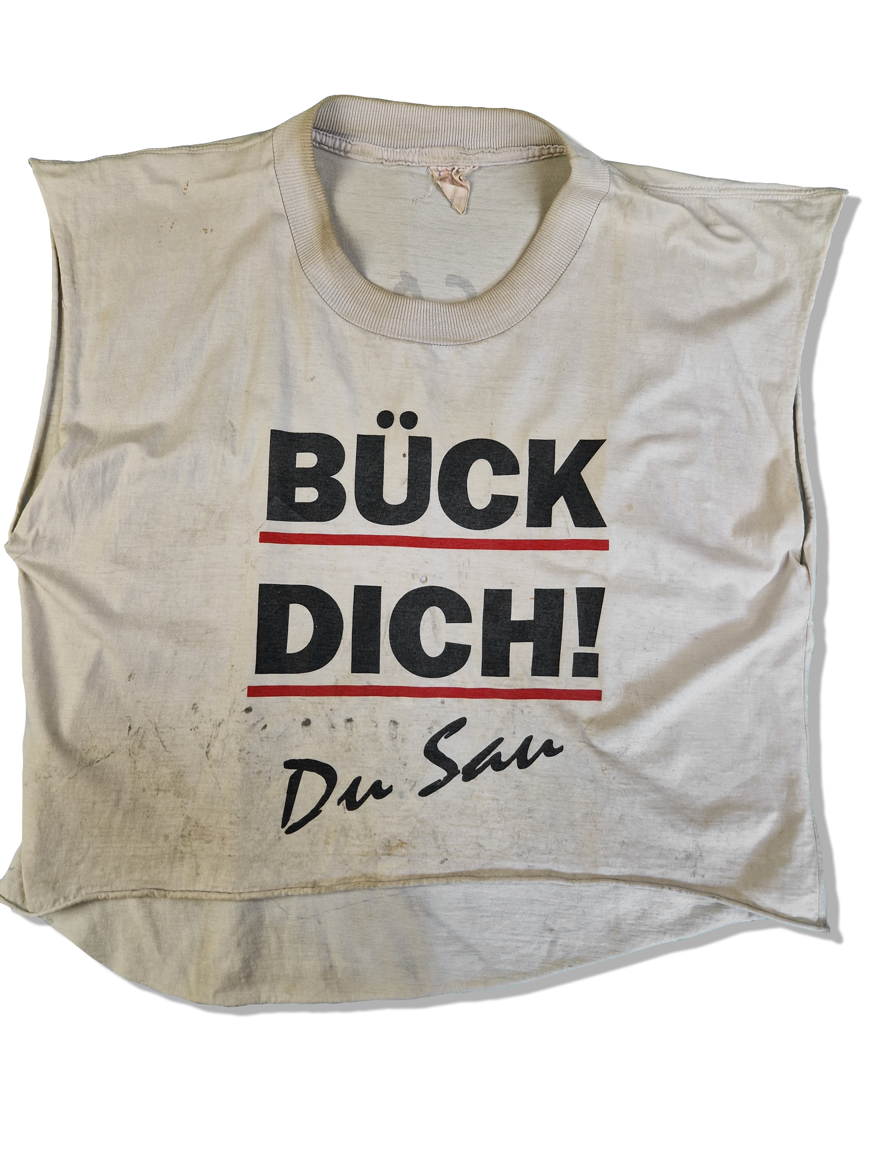 Vintage Trashed Tank Top Cut Off "Bück Dich Du Sau" Single Stitched Weiß XXL