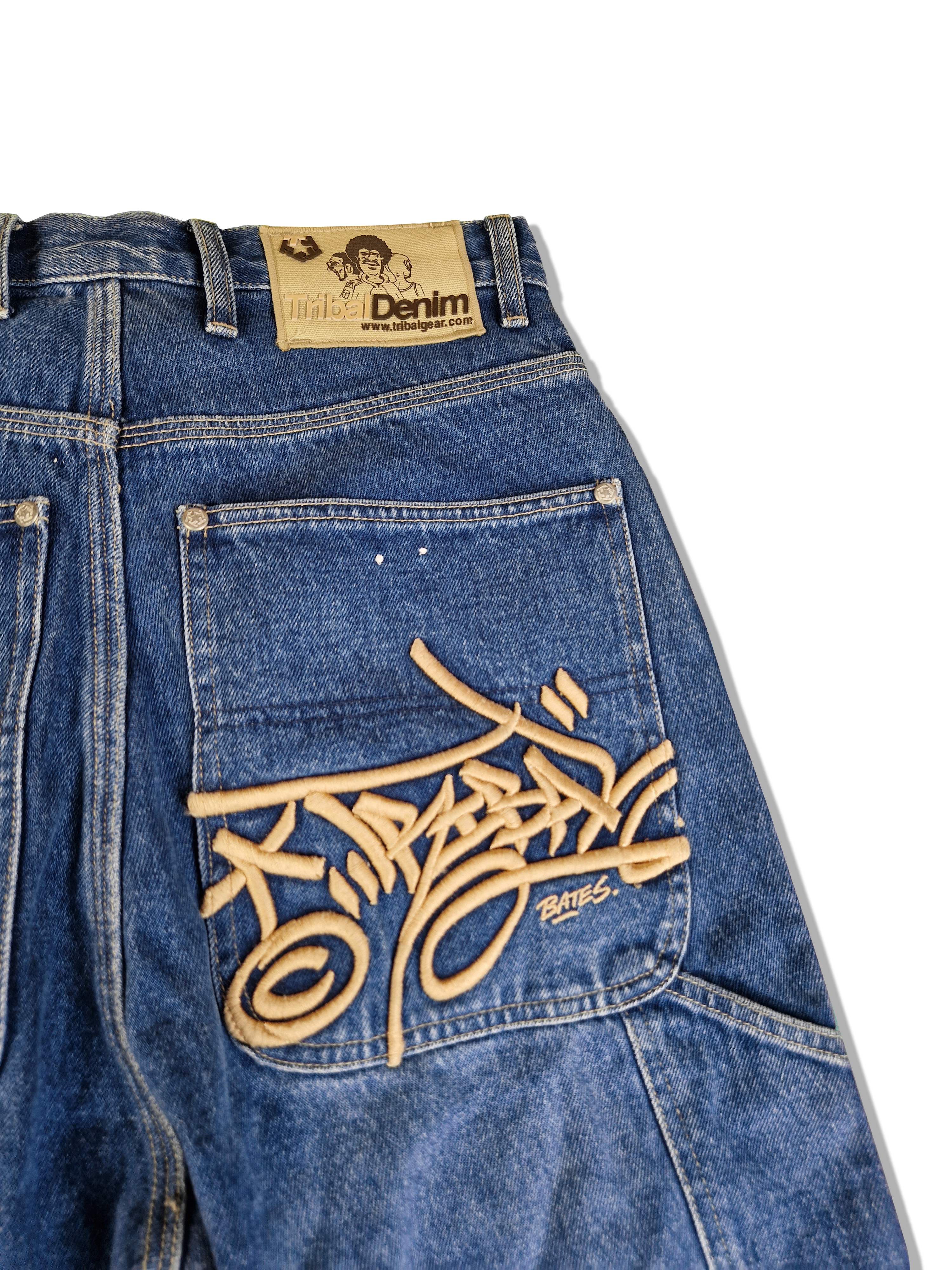 Tribal Denim Jeansshorts Baggy Y2K Back Pocket Stitching Dunkelblau 28