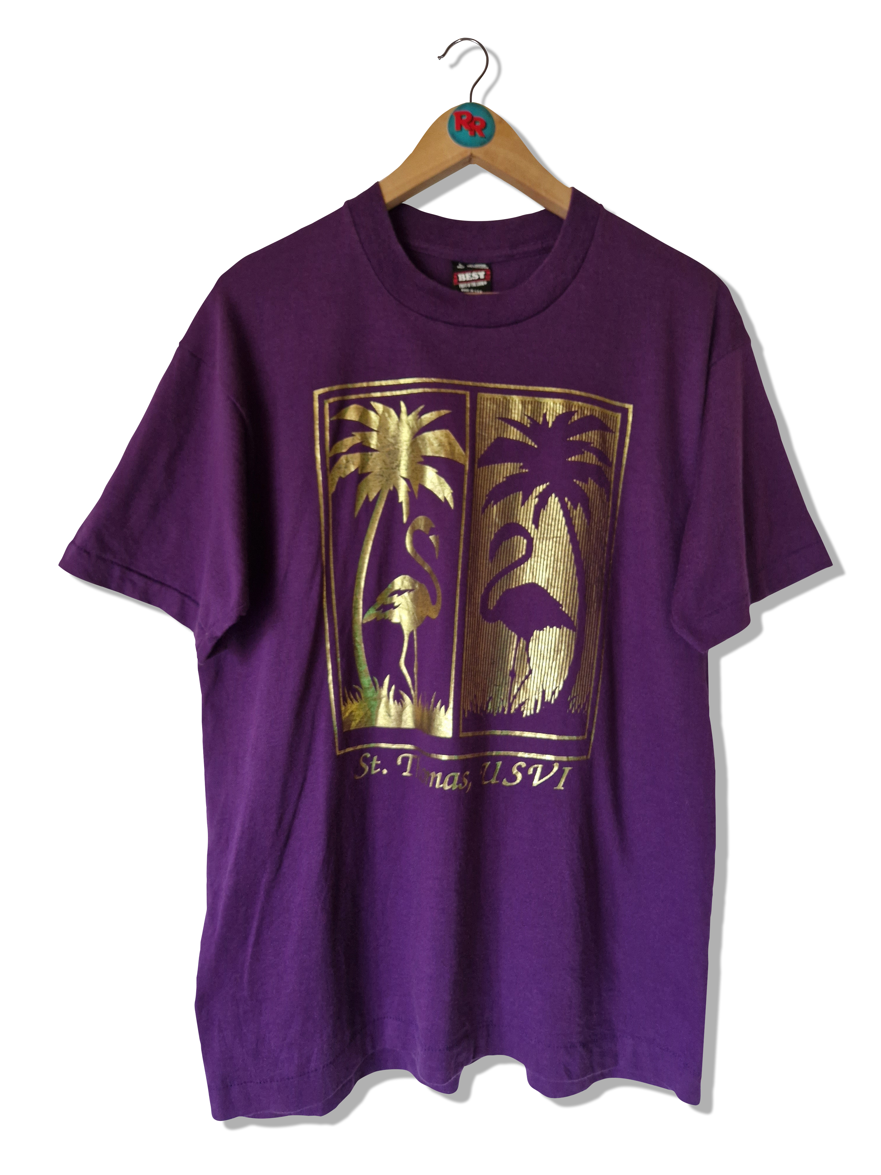 Vintage Screen Stars Shirt 80s ST. Thomas Tourist Glänzender Goldener Print Lila L - RareRags