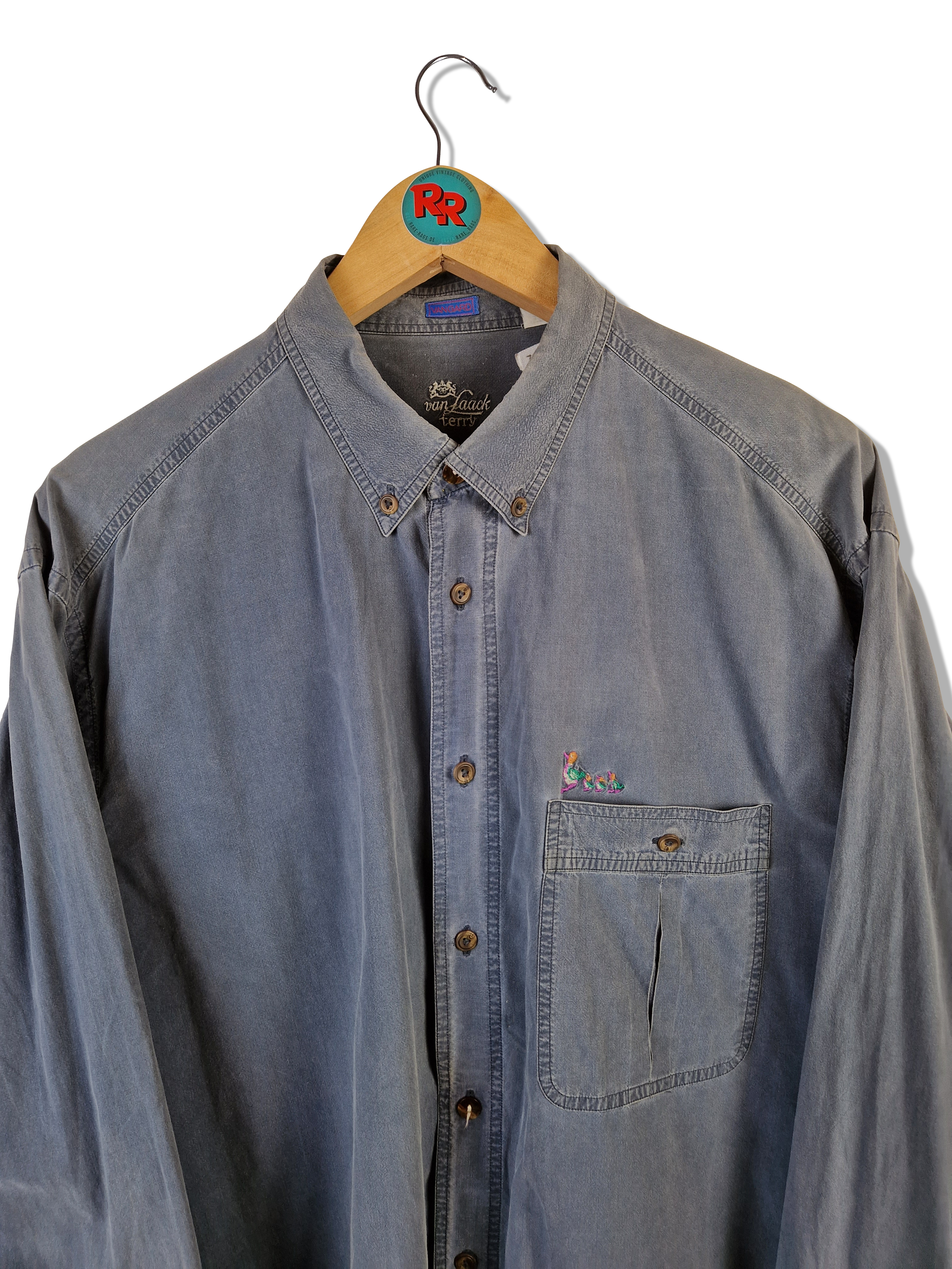 Vintage Van Laack Hemd "Terry" Enten Stickerei Grau Blau L-XL