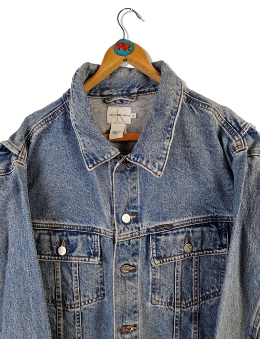 Vintage Calvin Klein Jeansjacke Button Front Double Stone Wash Made In USA Hellblau XL