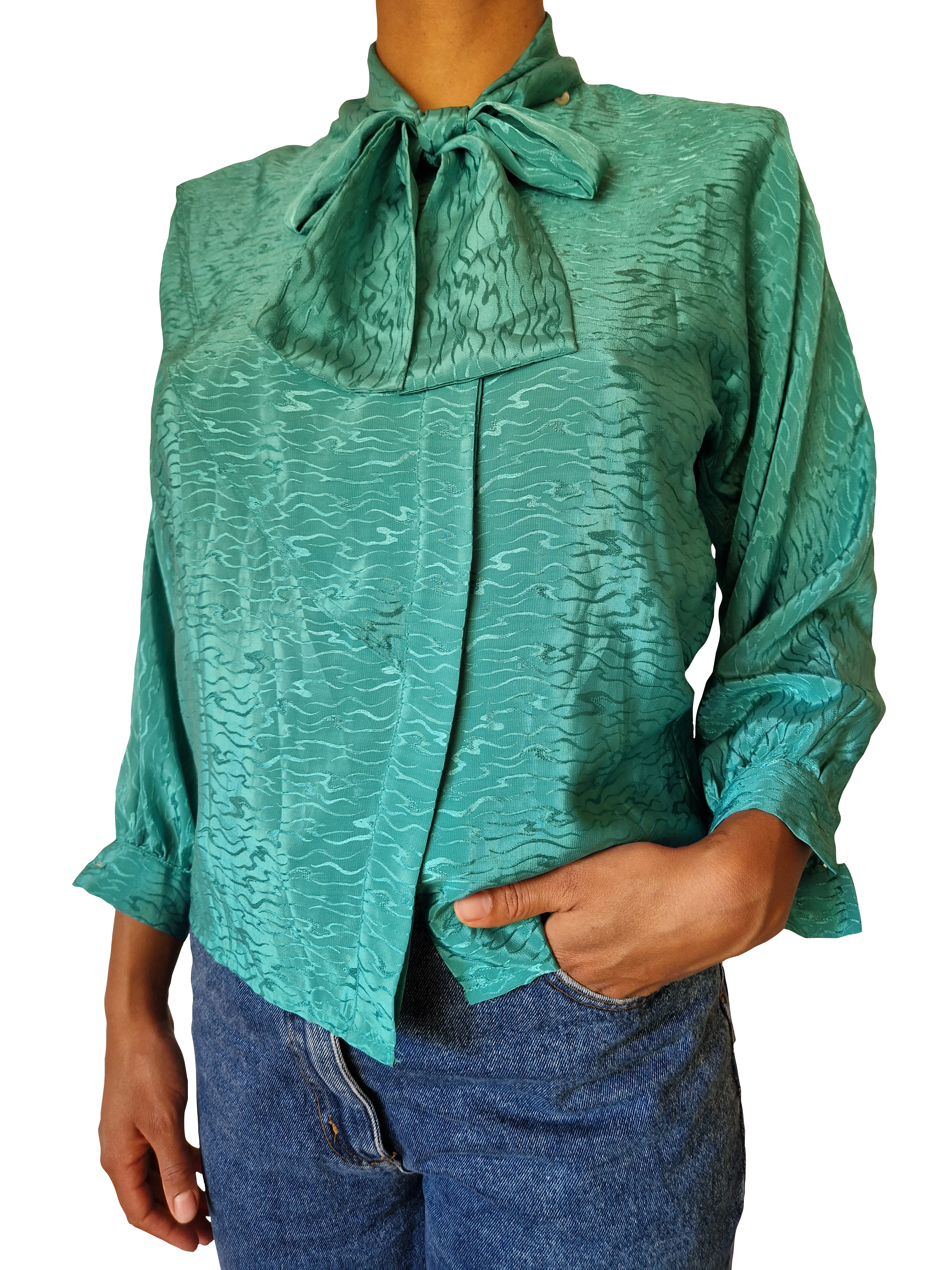 Vintage Valery Bluse 80s Schluppenkragen Mit Schleife Made In Italy Grün (42) S-M