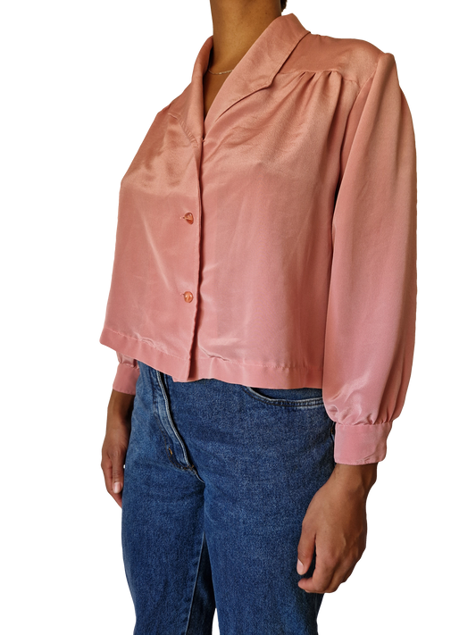 Vintage Bluse 80s Reverskragen Asymmetrisch Rosa S-M
