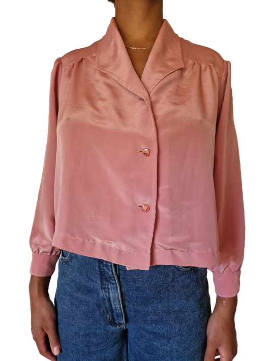 Vintage Bluse 80s Reverskragen Asymmetrisch Rosa S-M