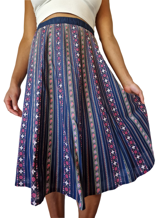Vintage Rock Made In West Germany Floral Pattern Bunt Dunkelblau M-L