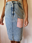 Vintage Patchwork Jeansrock Bunte Taschen Hellblau 40