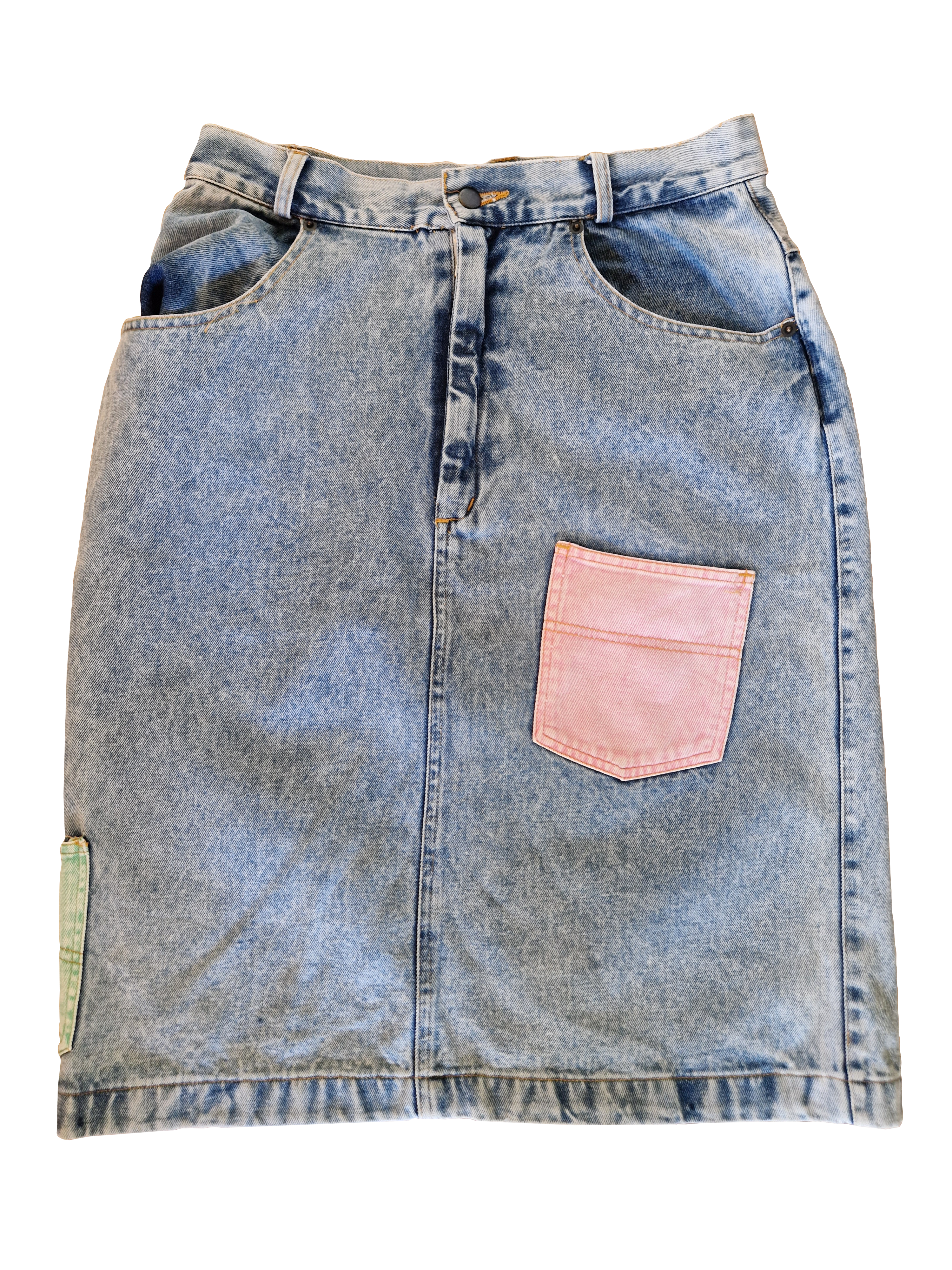 Vintage Patchwork Jeansrock Bunte Taschen Hellblau 40