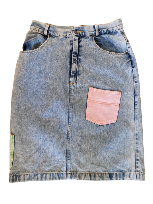 Vintage Patchwork Jeansrock Bunte Taschen Hellblau 40