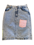 Vintage Patchwork Jeansrock Bunte Taschen Hellblau 40