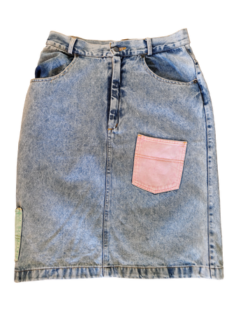 Vintage Patchwork Jeansrock Bunte Taschen Hellblau 40