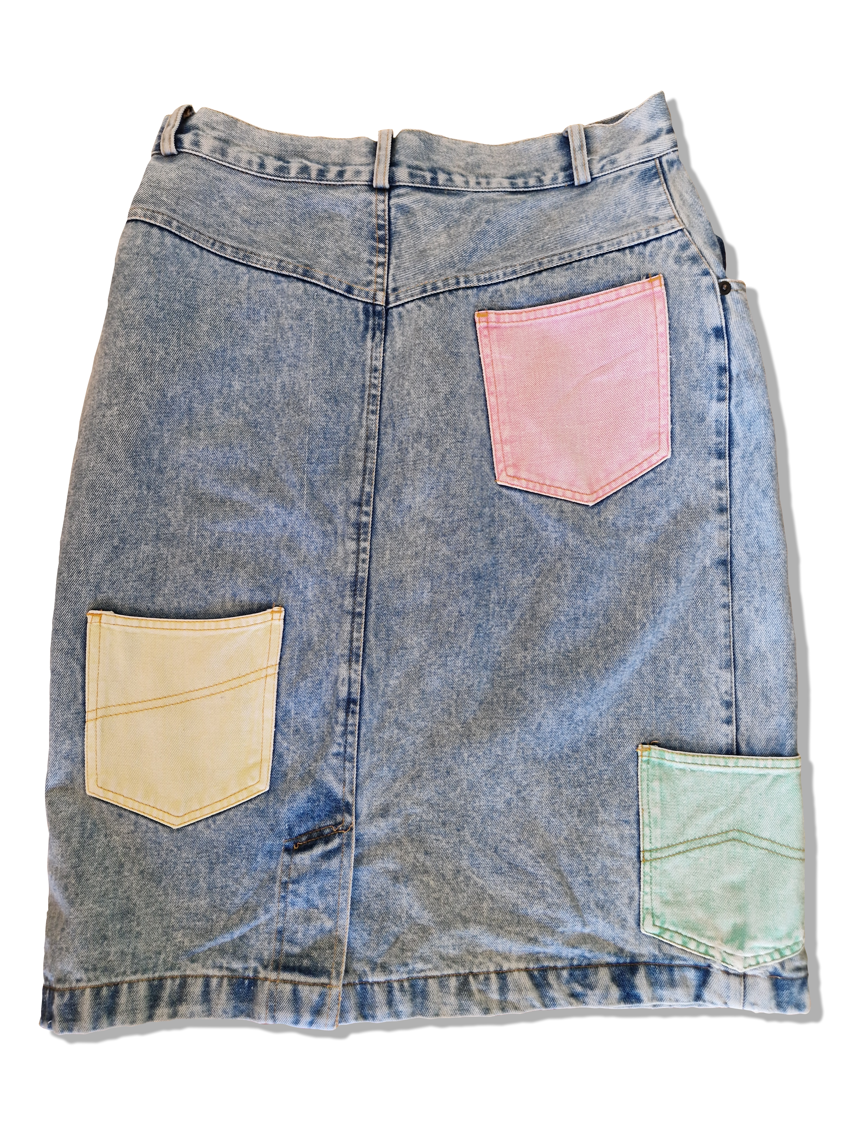 Vintage Patchwork Jeansrock Bunte Taschen Hellblau 40