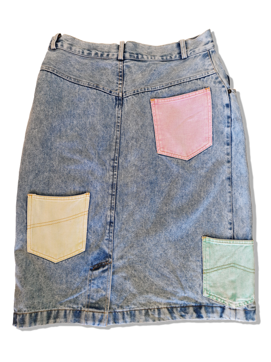 Vintage Patchwork Jeansrock Bunte Taschen Hellblau 40