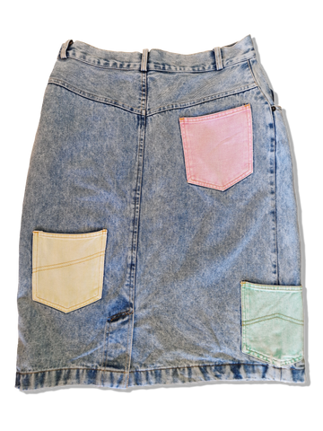 Vintage Patchwork Jeansrock Bunte Taschen Hellblau 40