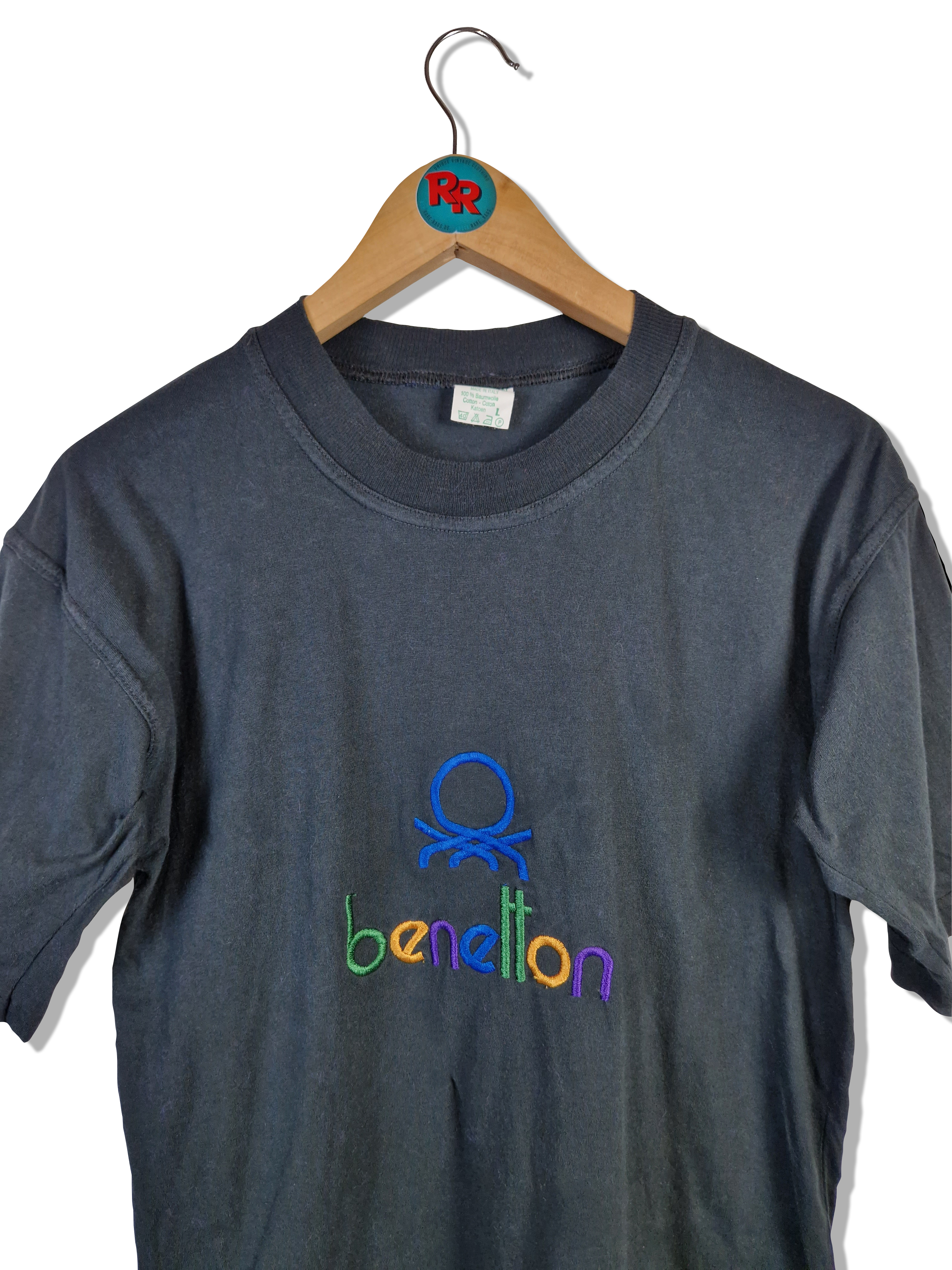 Vintage Benetton Shirt Made In Italy Bestickt Dunkelblau M-L - RareRags