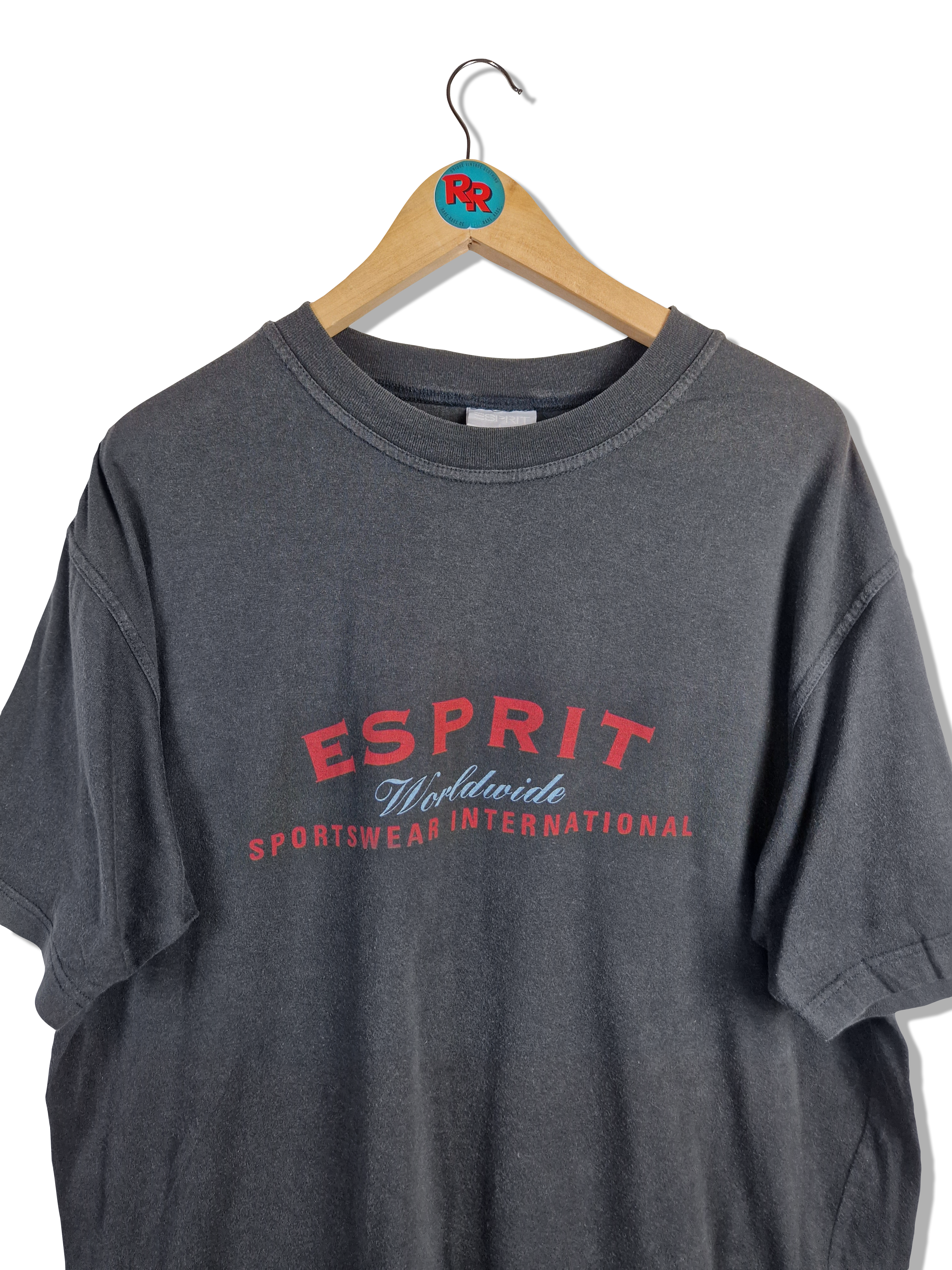 Vintage Esprit Shirt Big Logo Bedruckt Faded Schwarz L - RareRags