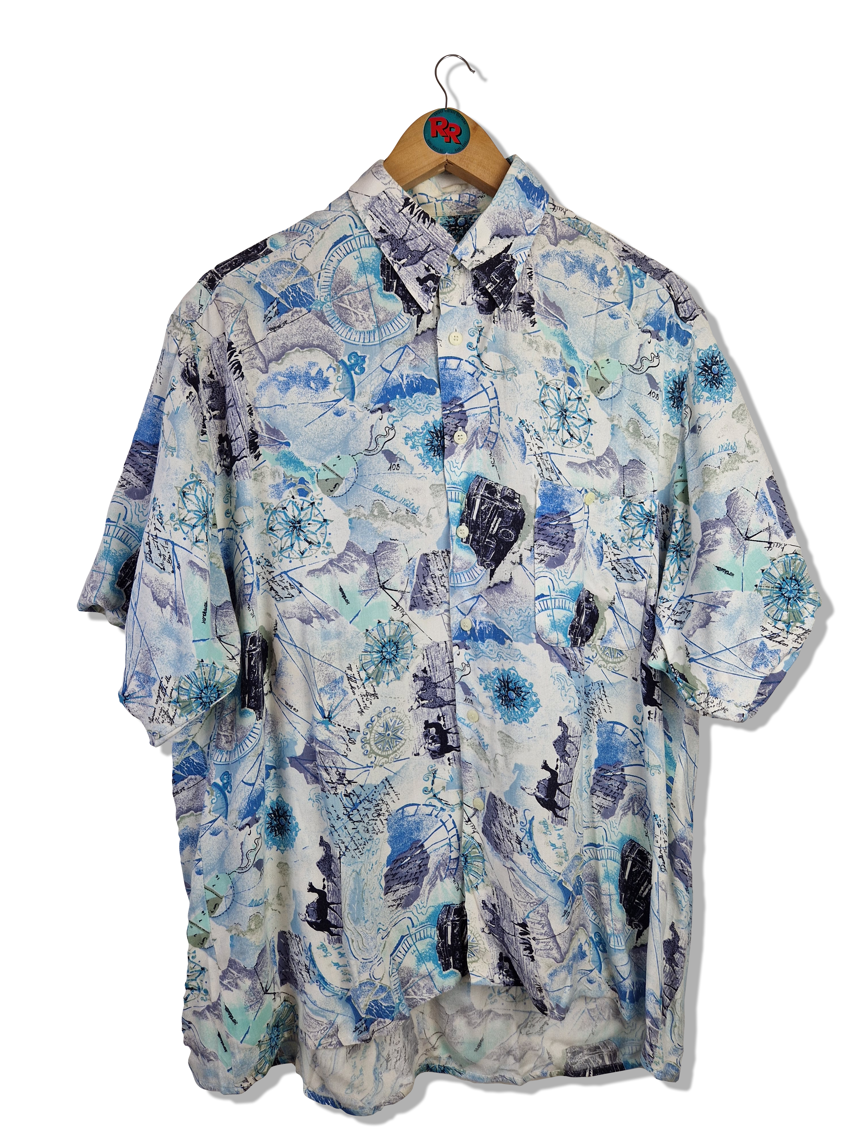 Vintage Cottonmount Hemd Kurzarm "Modisch weit" Crazy Pattern Blautöne M