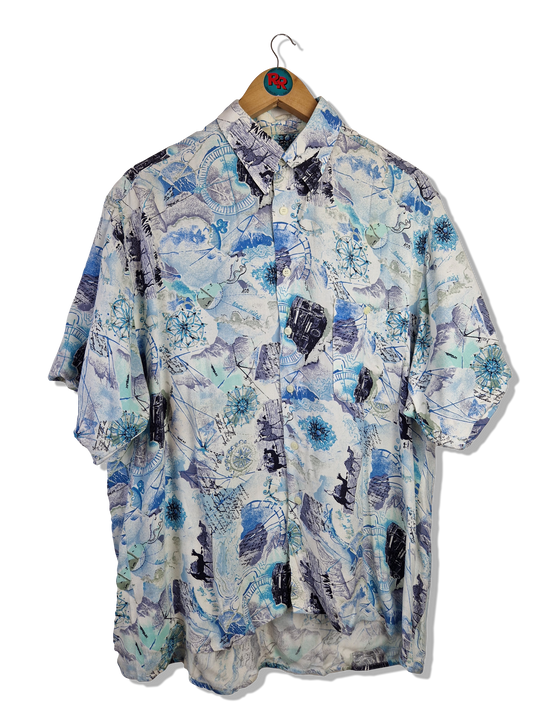 Vintage Cottonmount Hemd Kurzarm "Modisch weit" Crazy Pattern Blautöne M