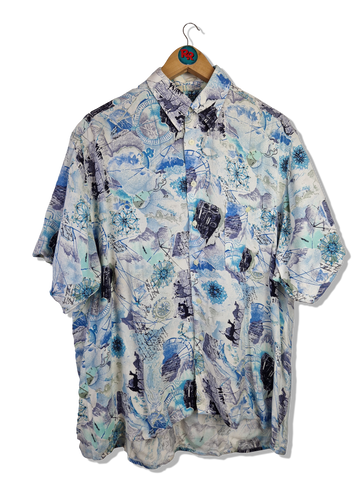 Vintage Cottonmount Hemd Kurzarm "Modisch weit" Crazy Pattern Blautöne M