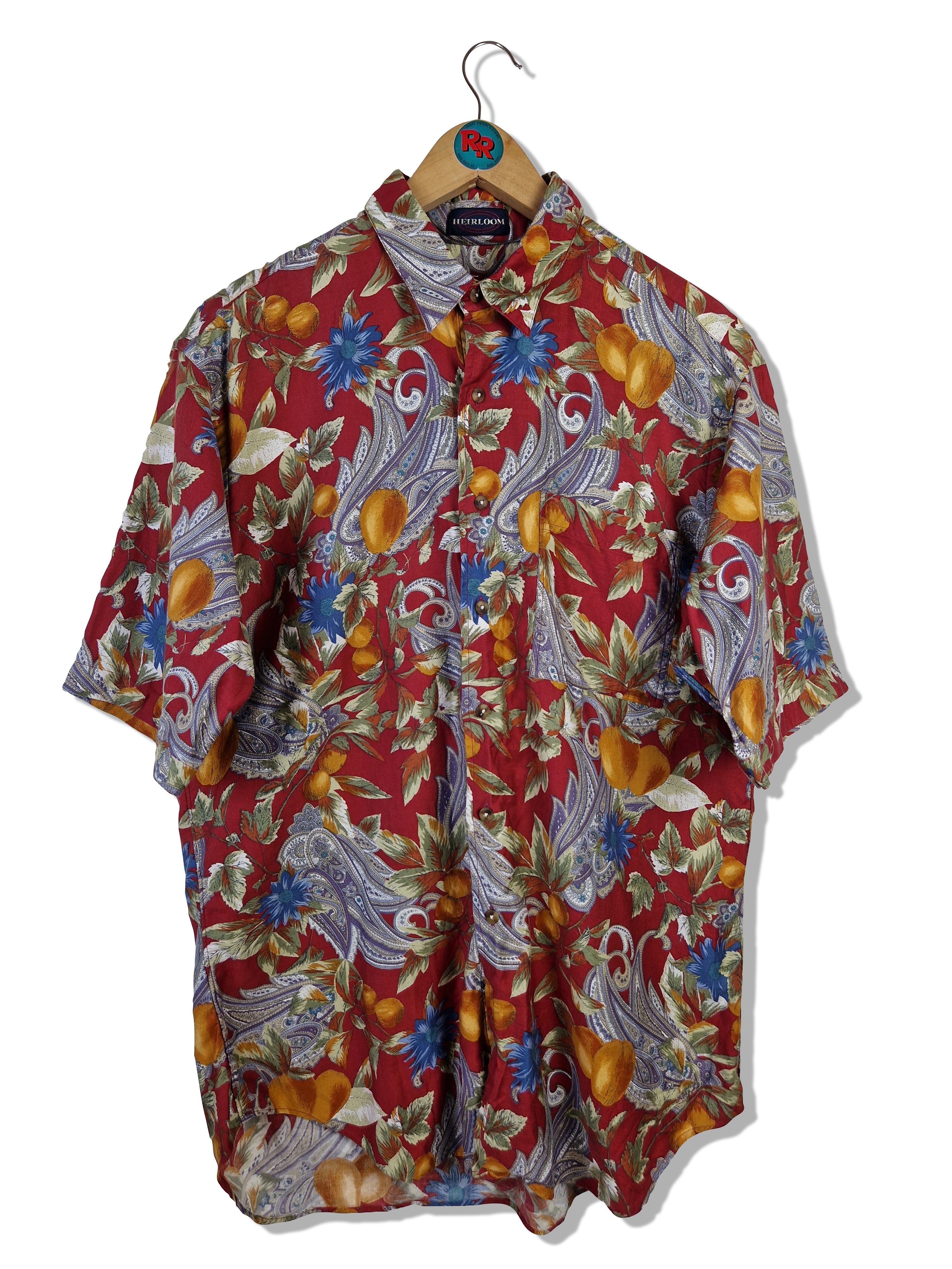 Vintage Kenneth Gordon Hemd Kurzarm Heirloom Made In USA Floral Pattern Rot Blau L