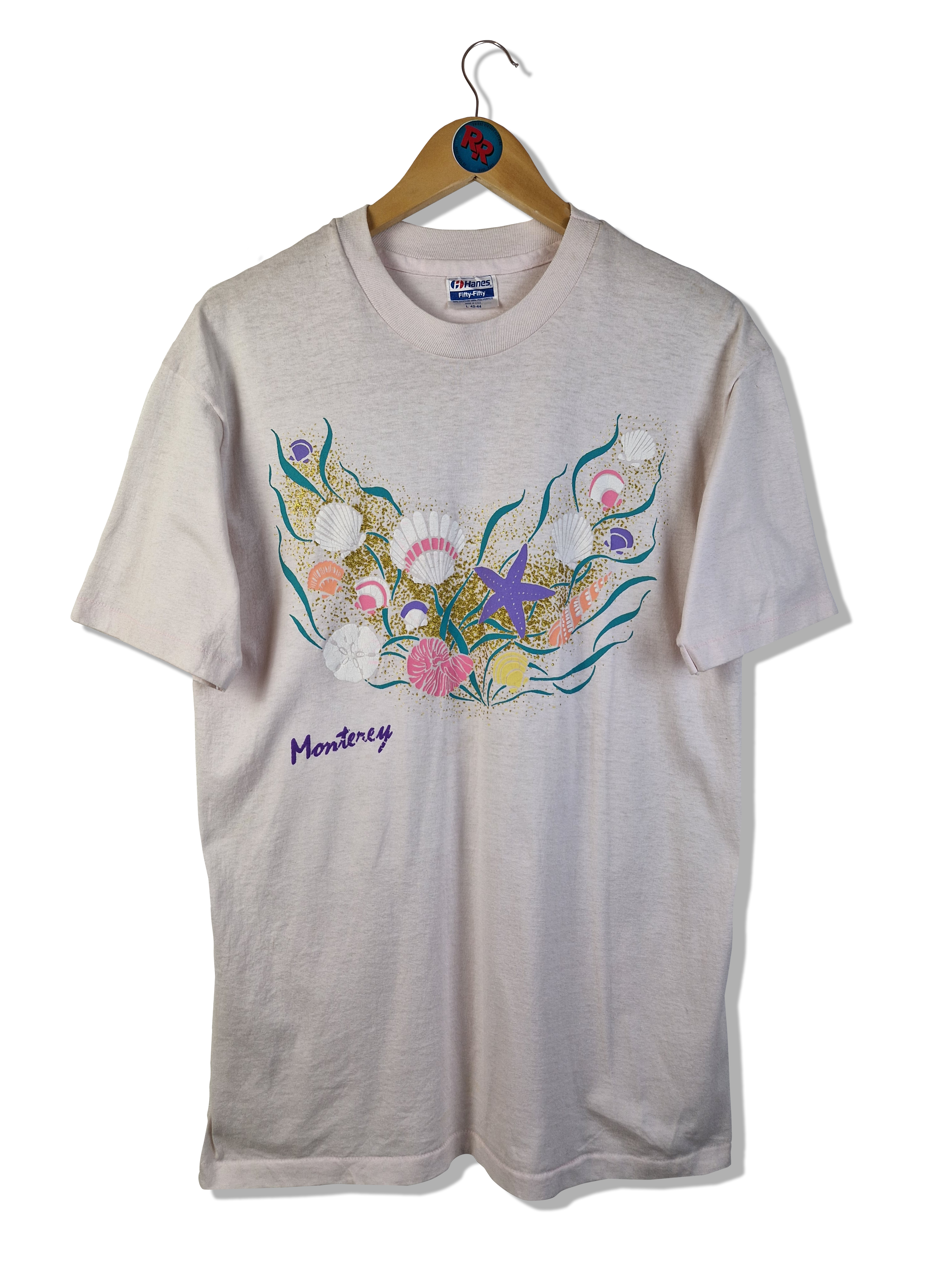 Vintage Hanes Shirt 80s Fifty-Fifty "Monterey" Single Stitch Made In USA Gold Glitzer Weiß L