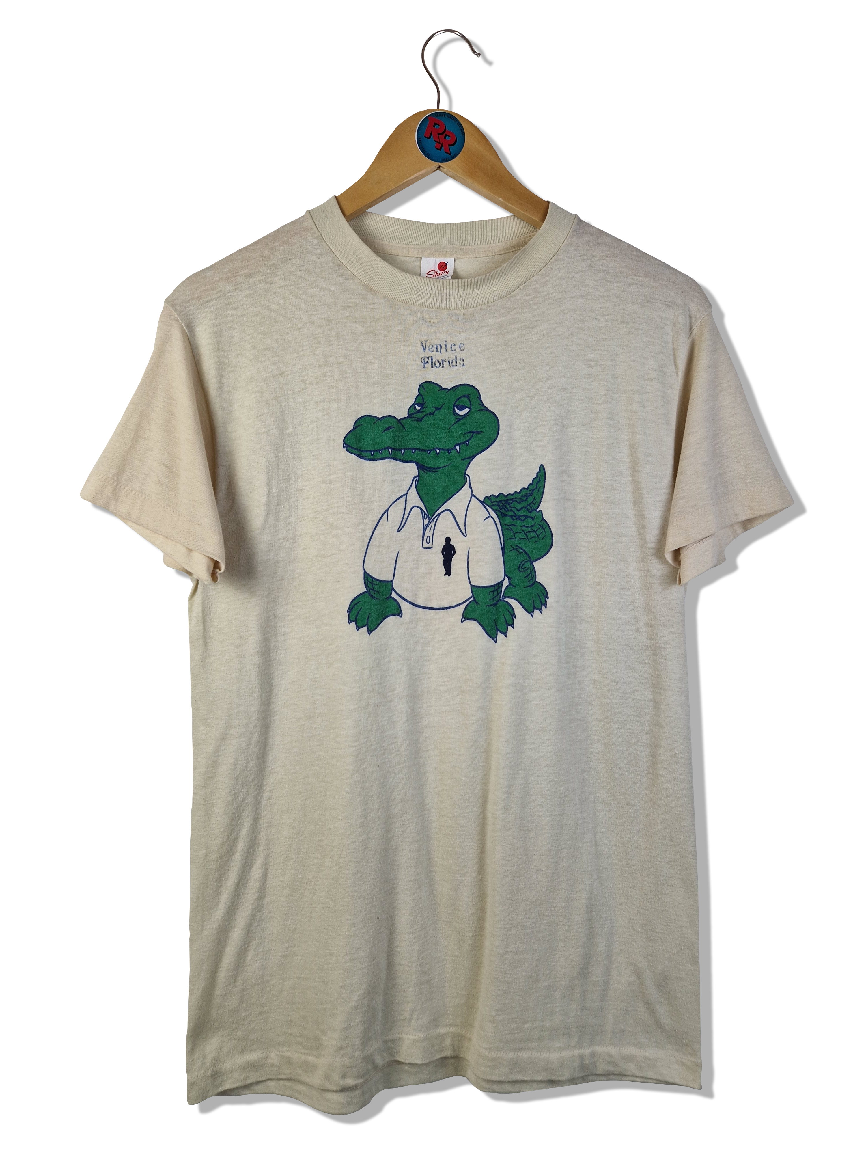 Vintage Sherry Shirt 80s "Venice Florida" Krokodil Single Stitch Made In USA Creme Weiß M-L
