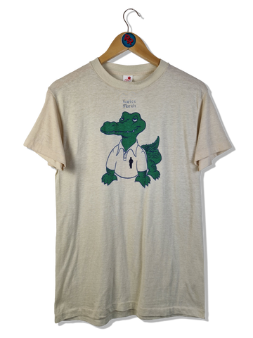 Vintage Sherry Shirt 80s "Venice Florida" Krokodil Single Stitch Made In USA Creme Weiß M-L