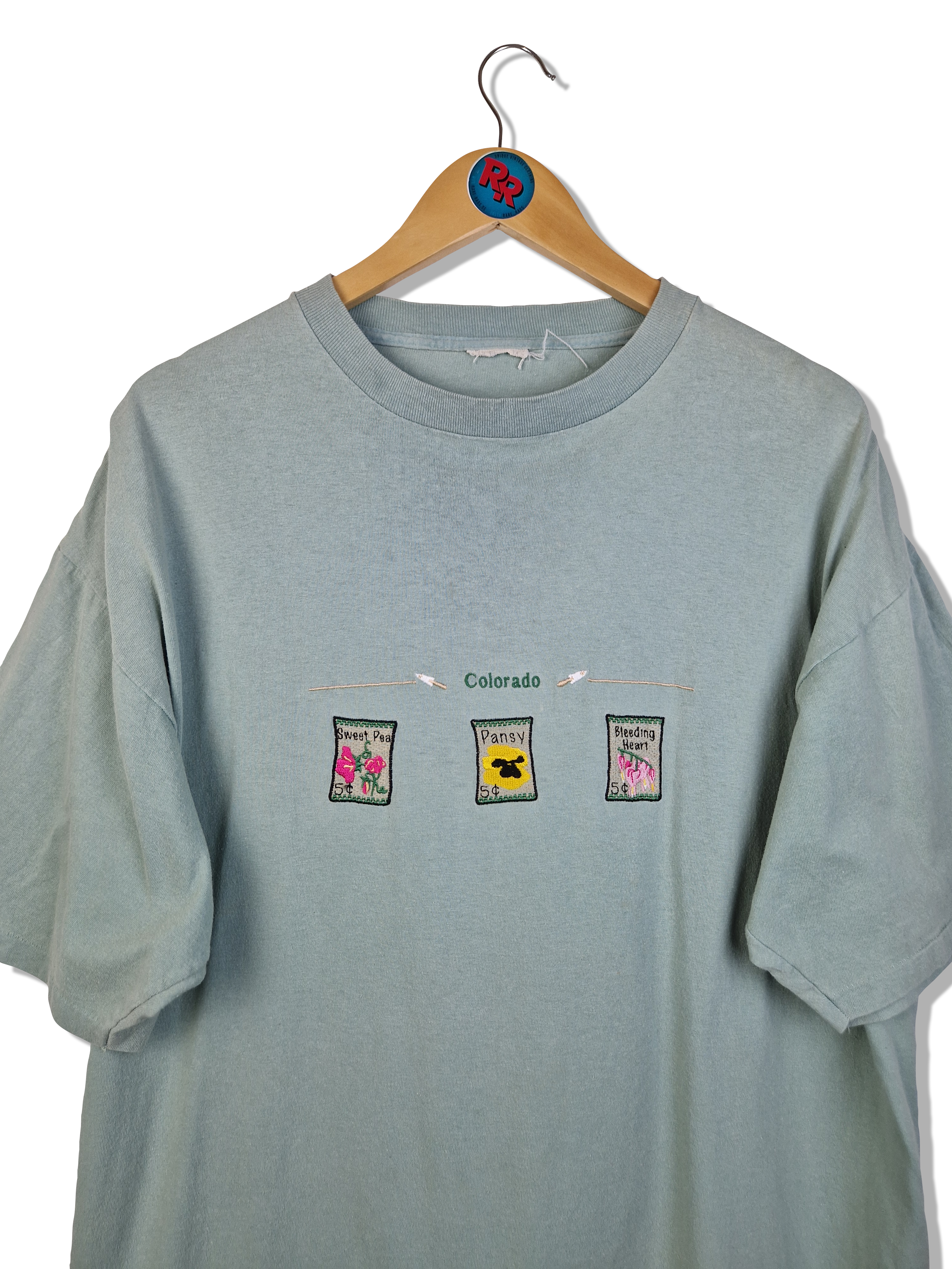 Vintage Shirt "Colorado" Bestickt Single Stitch Fade Mint Grün L-XL - RareRags