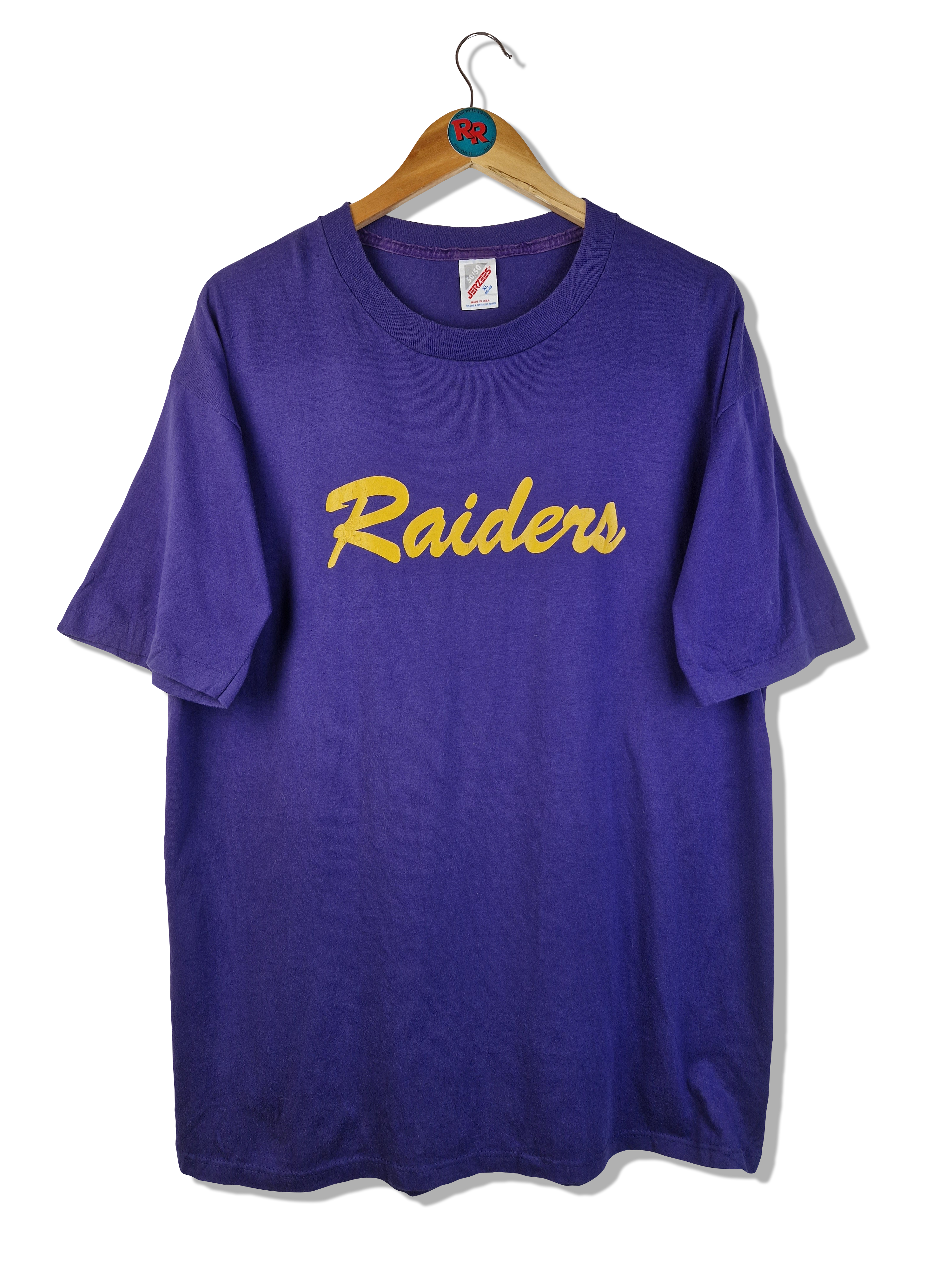 Vintage Jerzees Shirt 80s Raiders Football Single Stitched Made In USA Lila/Dunkelblau L-XL - RareRags