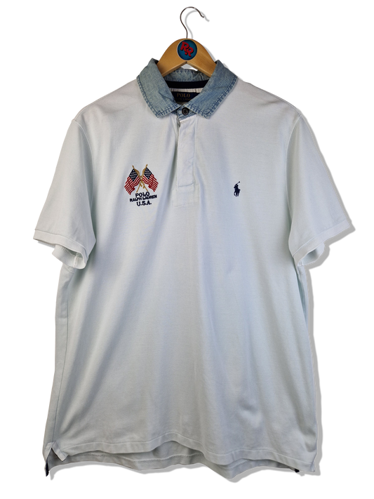 Ralph Lauren Poloshirt USA Flags Denim Kragen Weiß XL