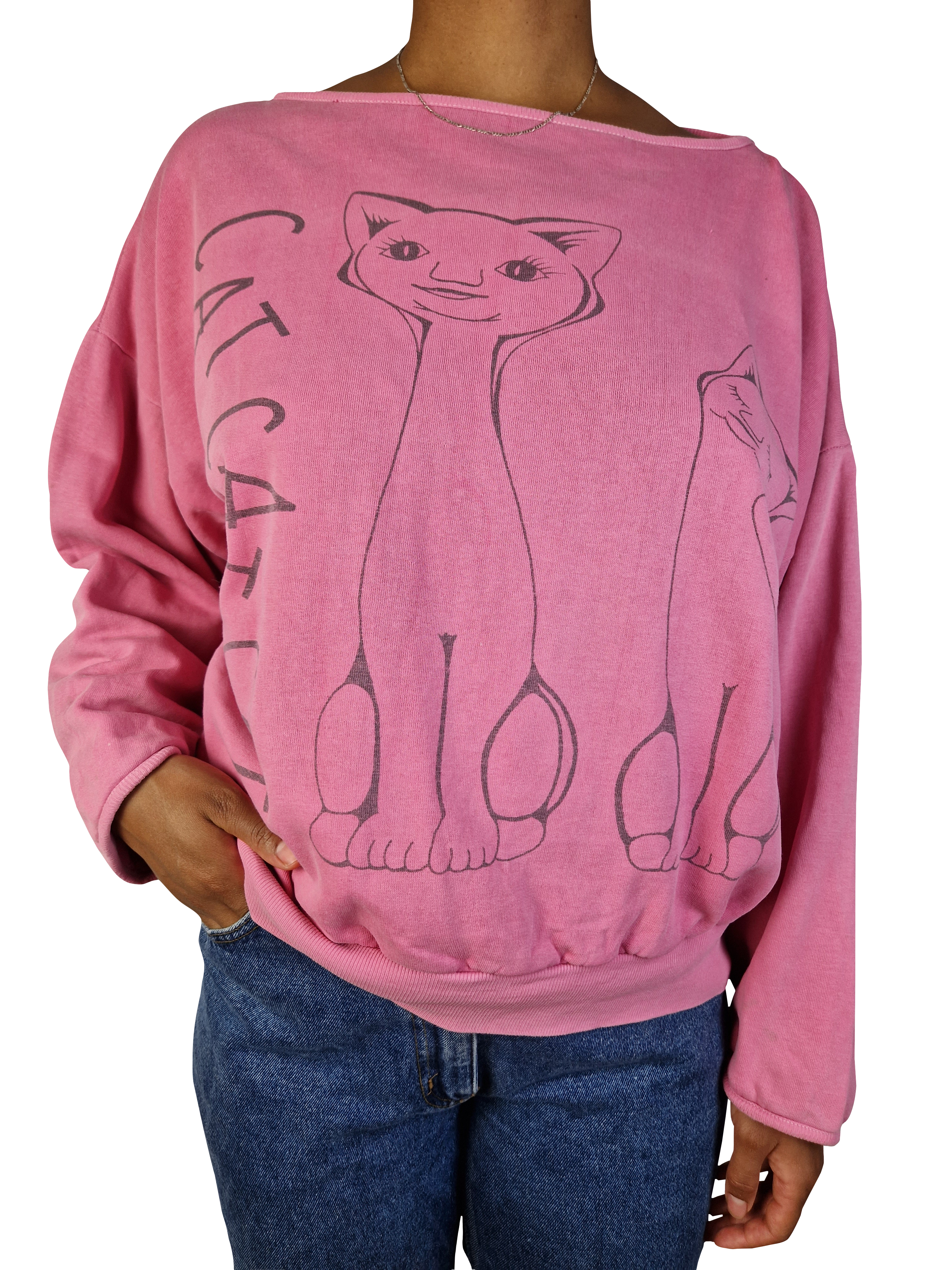 Vintage Unique Sweater 80s Reversible "Cats" Weiter Rundhalsausschnitt Pink M-L