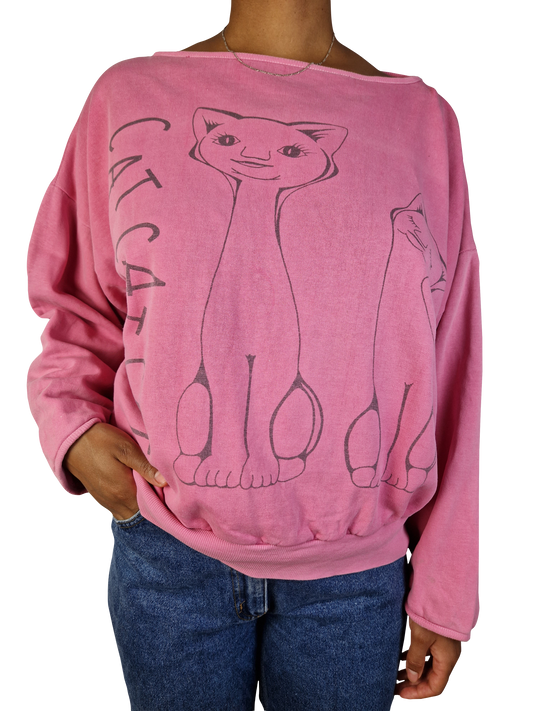 Vintage Unique Sweater 80s Reversible "Cats" Weiter Rundhalsausschnitt Pink M-L