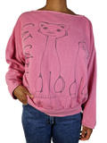 Vintage Unique Sweater 80s Reversible "Cats" Weiter Rundhalsausschnitt Pink M-L