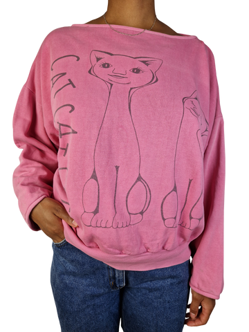 Vintage Unique Sweater 80s Reversible "Cats" Weiter Rundhalsausschnitt Pink M-L