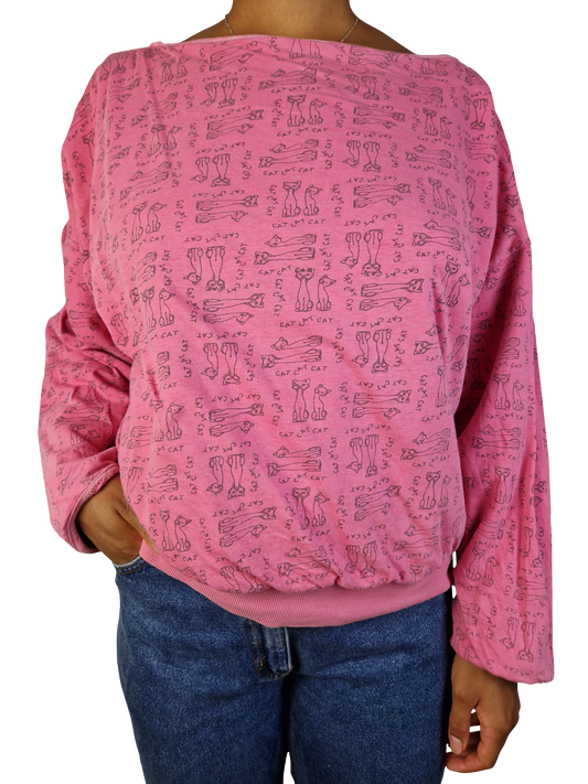 Vintage Unique Sweater 80s Reversible "Cats" Weiter Rundhalsausschnitt Pink M-L