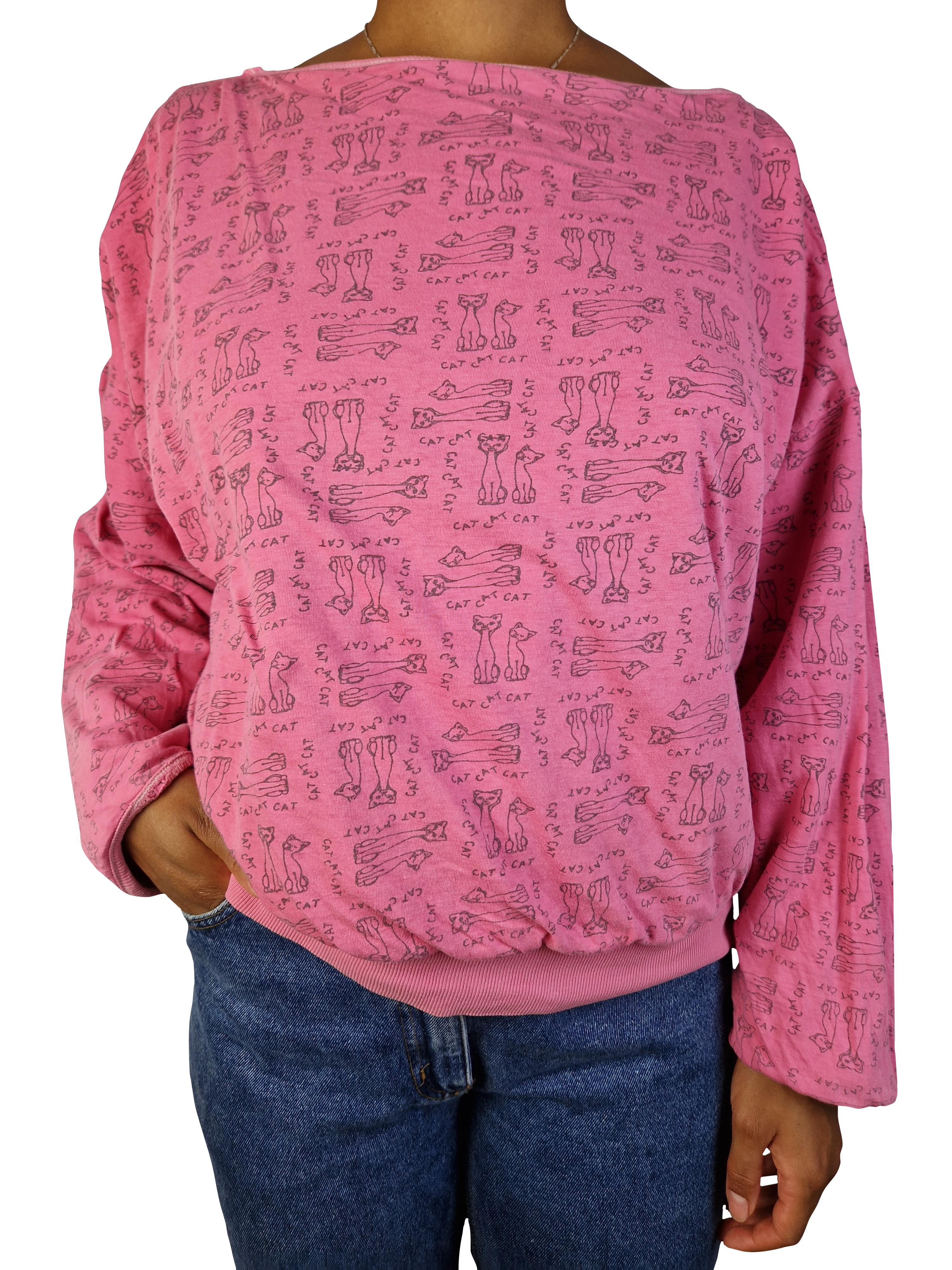Vintage Unique Sweater 80s Reversible "Cats" Weiter Rundhalsausschnitt Pink M-L