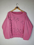 Vintage Unique Sweater 80s Reversible "Cats" Weiter Rundhalsausschnitt Pink M-L