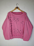 Vintage Unique Sweater 80s Reversible "Cats" Weiter Rundhalsausschnitt Pink M-L