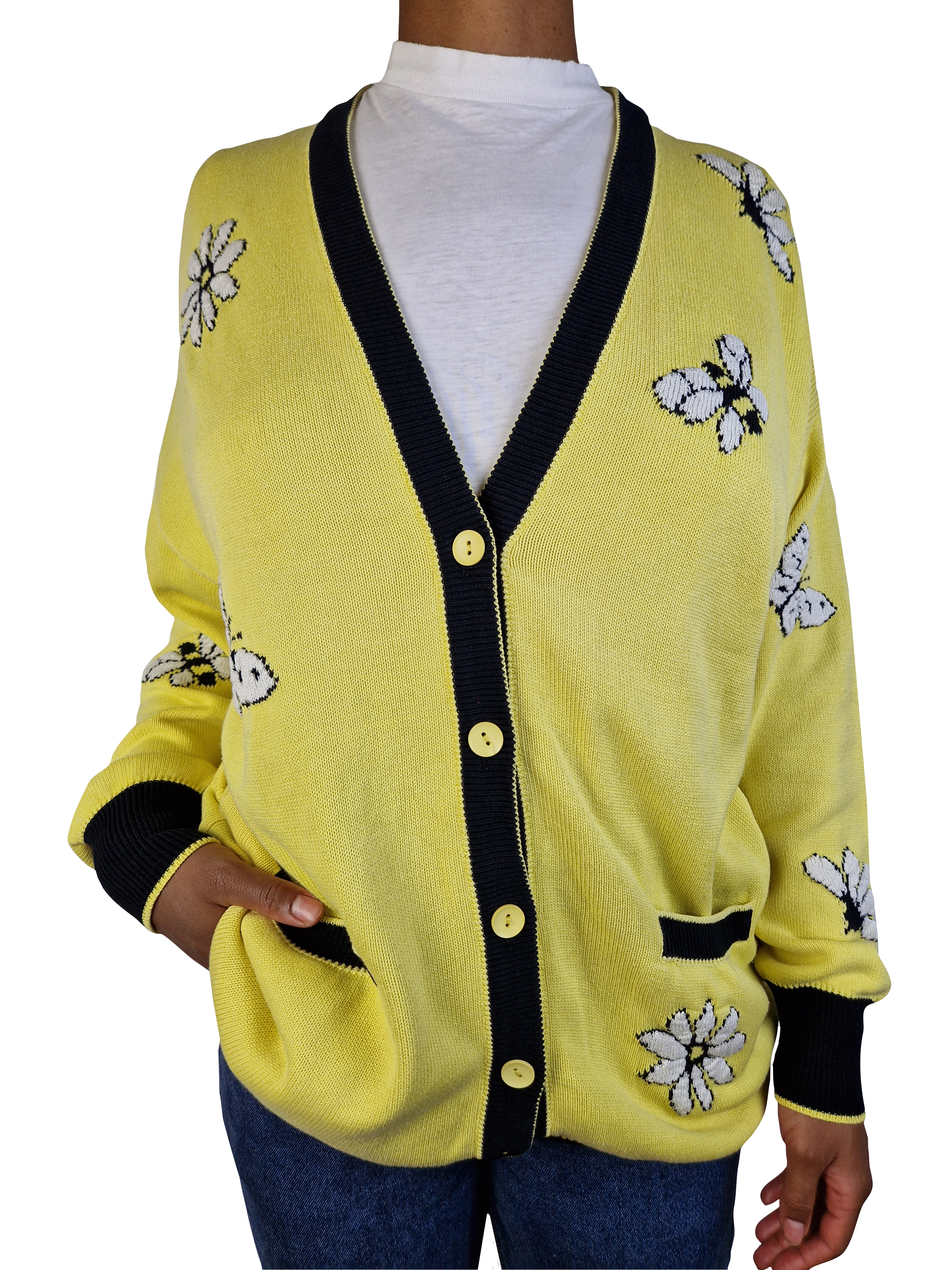 Vintage Escada Cardigan Blumen&Bienen Made In West Germany Gelb Schwarz (40)