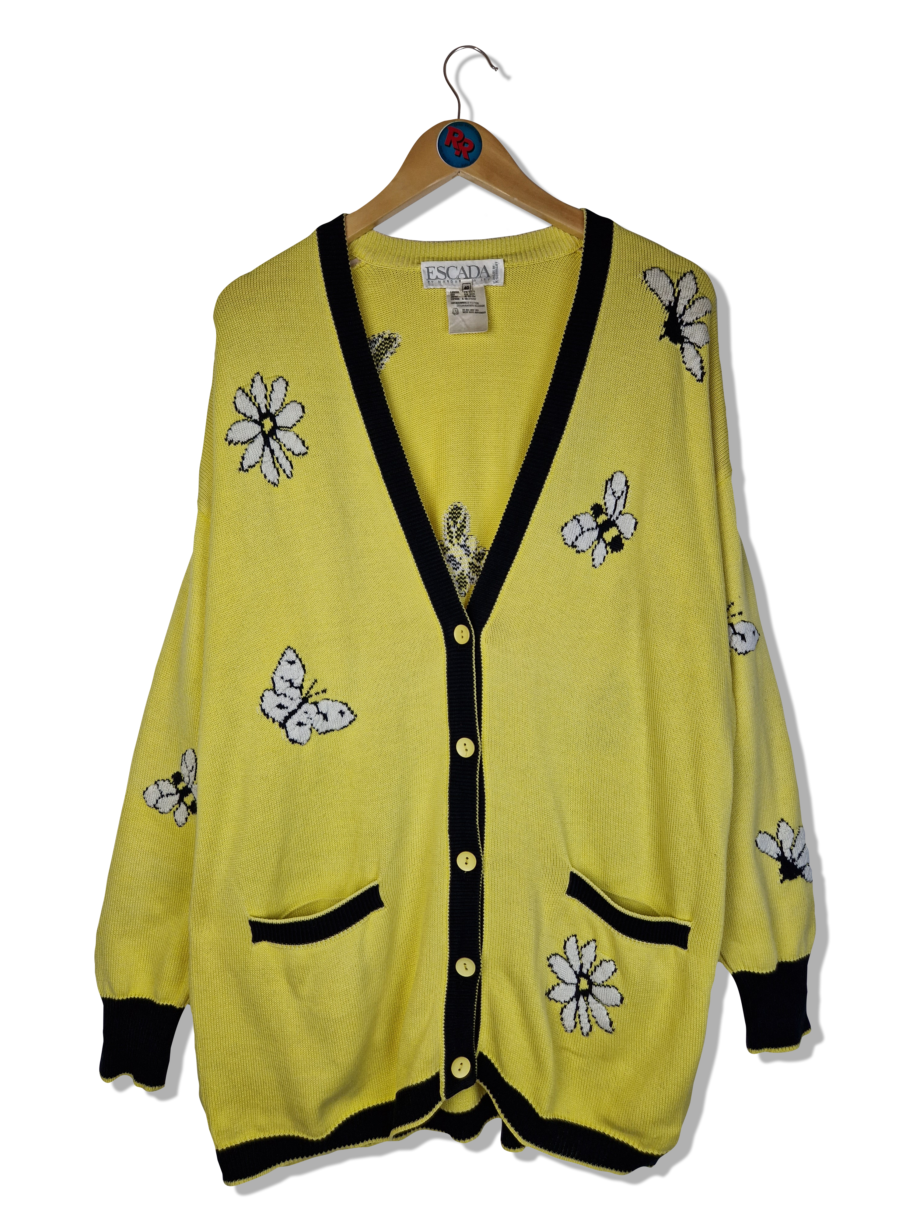 Vintage Escada Cardigan Blumen&Bienen Made In West Germany Gelb Schwarz (40)
