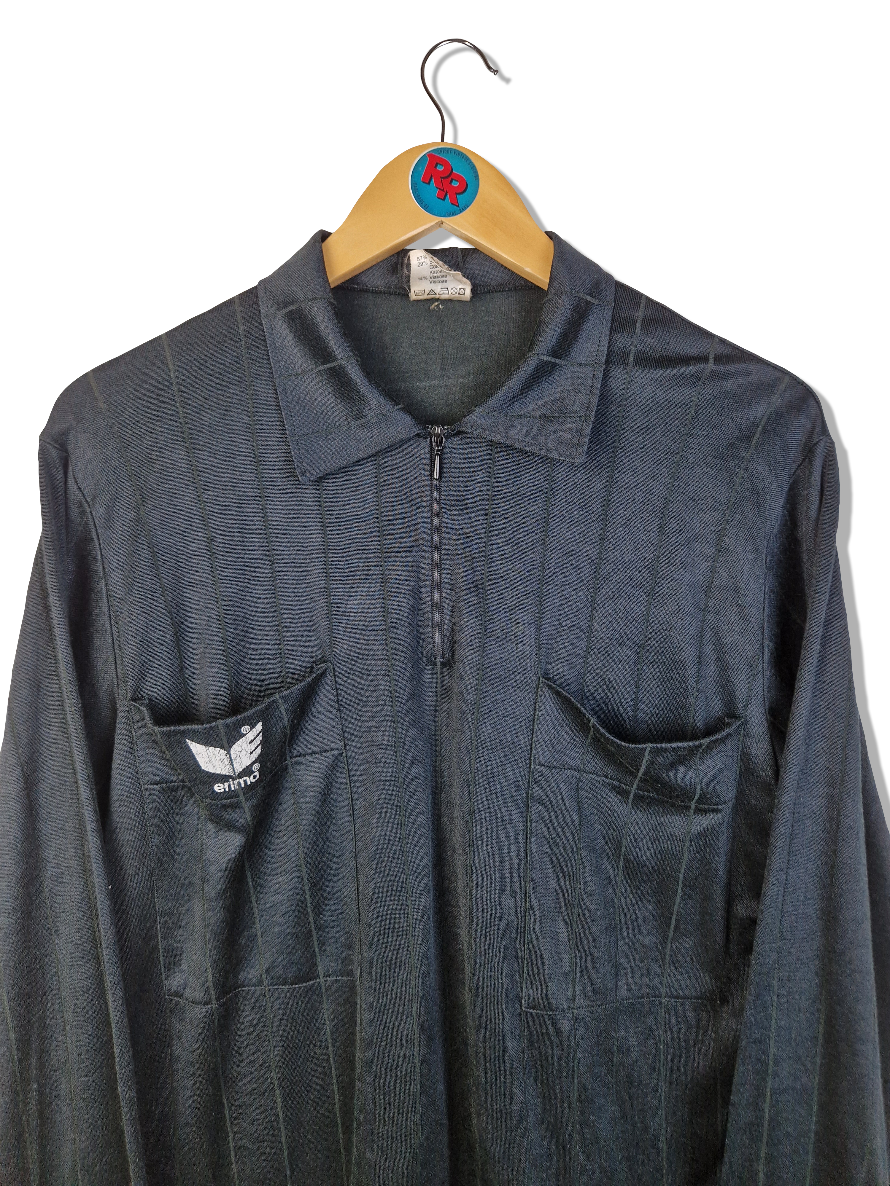 Vintage Erima Trikot 80s Schiedsrichter Langarm Polokragen Schwarz L