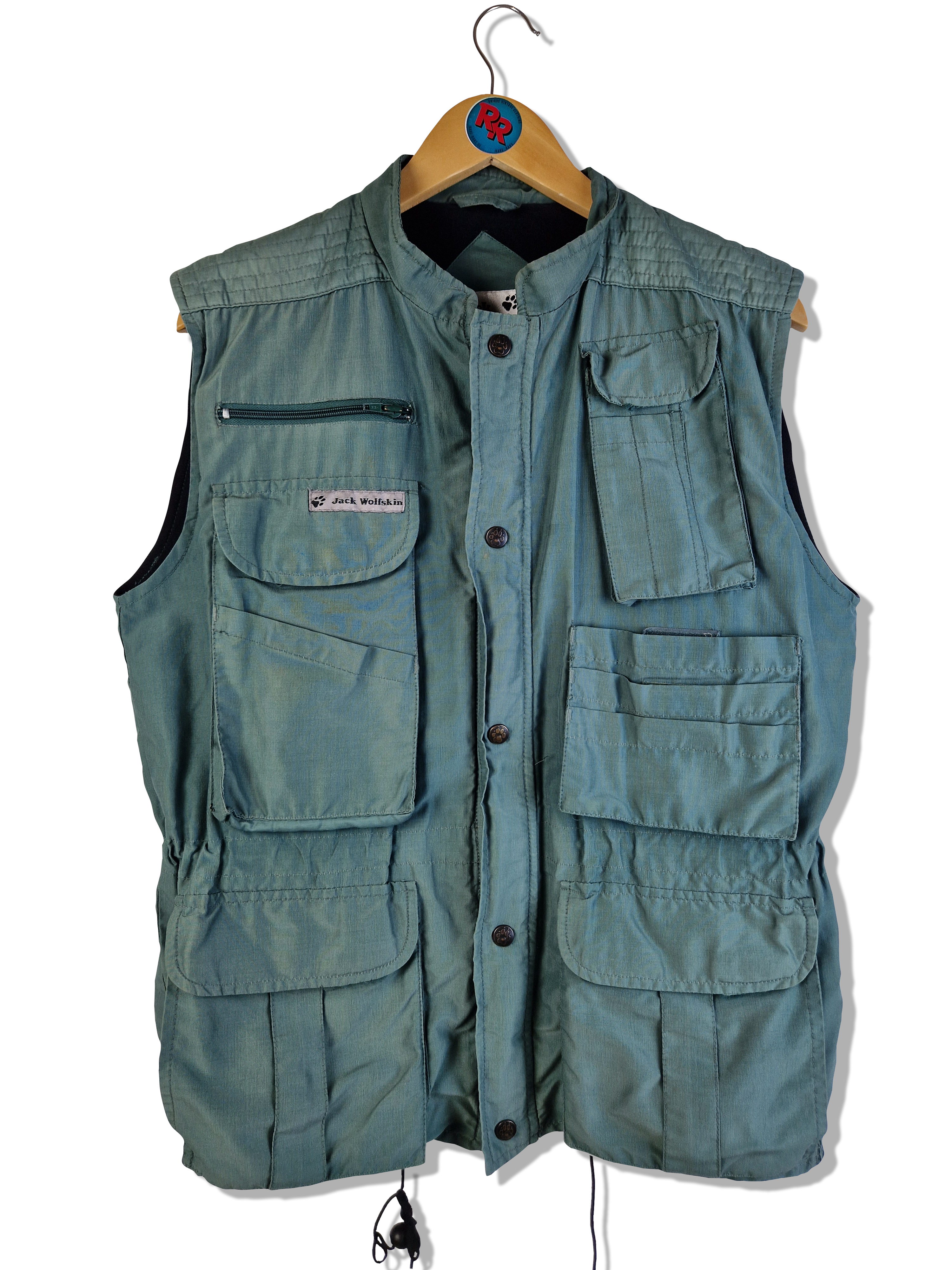 Vintage Jack Wolfskin Anglerweste Multipocket Hüftzug Outdoor Vislon Zip Grün S